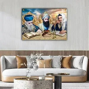 1219 - ציור של בבא סאלי, הבן איש חי והרב עובדיה יושבים סביב שולחן ולומדים תורה