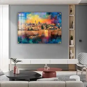 2005 - ציור צבעוני של חומות ירושלים והכותל על קנבס או זכוכית מחוסמת