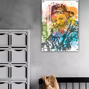 914 - ציור מודרני וצבעוני של הרבי מליובאוויטש מחייך על קנבס או זכוכית